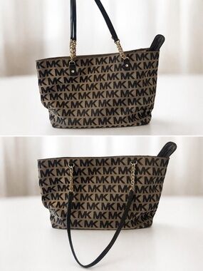 Michael Kors Tan and Black MK Logo Chain-Accent Tote